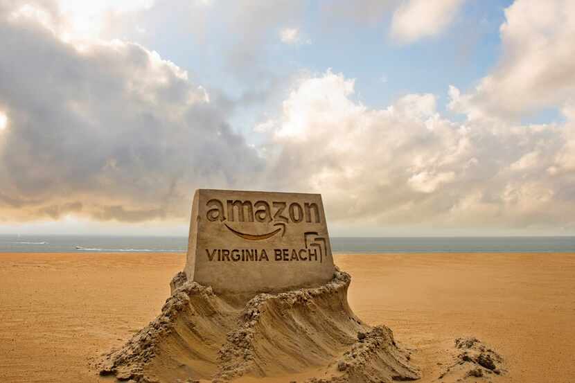A sand sculpture promotes the Virginia Beach, Va., bid to become Amazon's second headquarters.