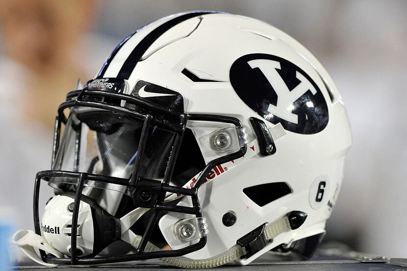 PROVO, UT - SEPTEMBER 12: Tight shot of a Brigham Young Cougars football helmet shown during...