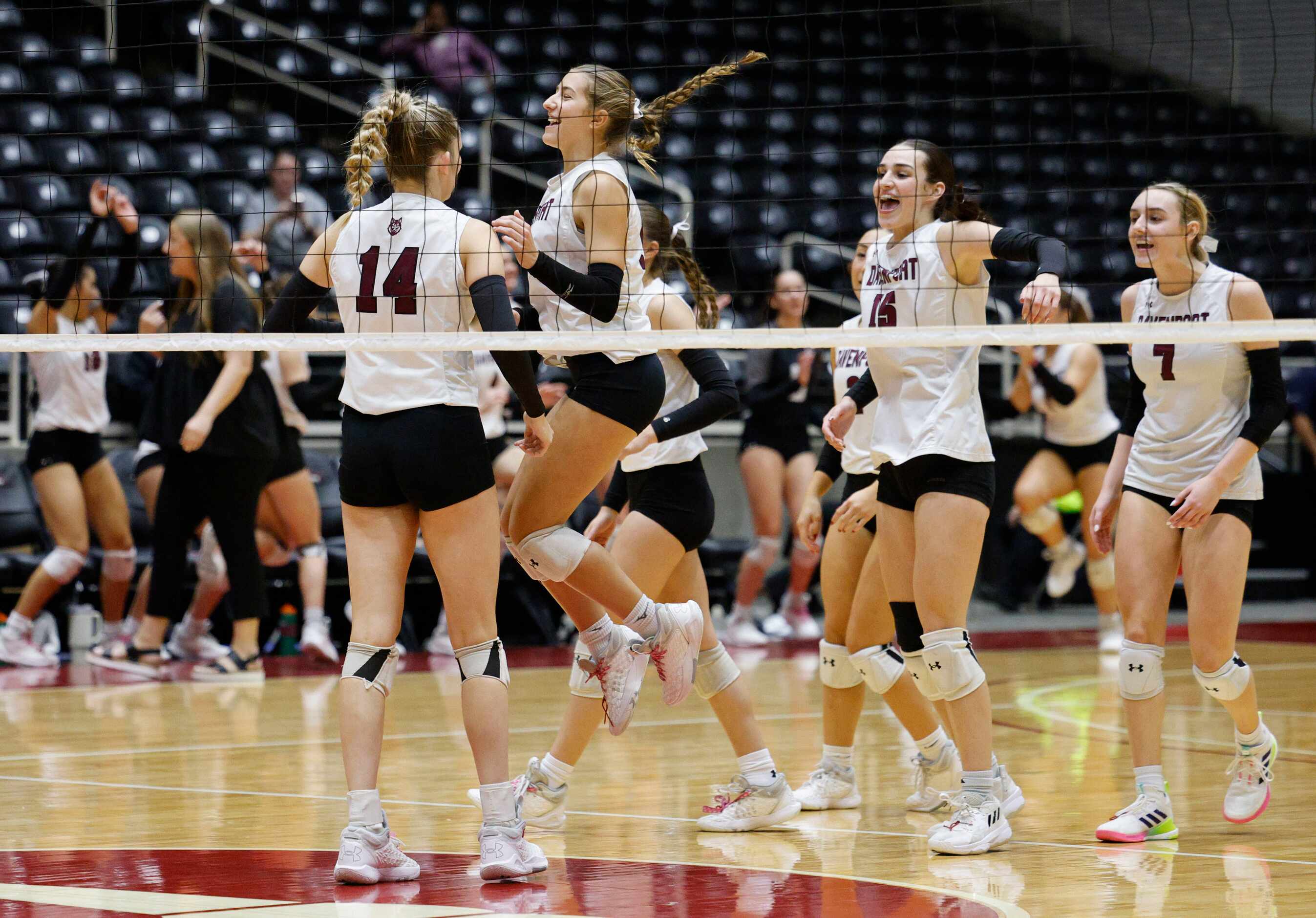 Comal Davenport players react in the second set against Celina during a UIL class 4A...