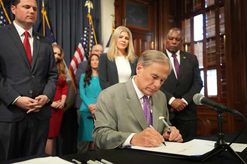 Texas Gov. Greg Abbott signs into law HB 900, legislation that prohibits sexually explicit...