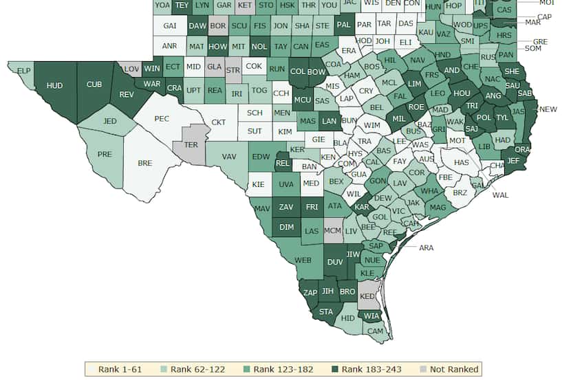 This state map of Texas counties shows how counties fared in health outcomes. Counties in...