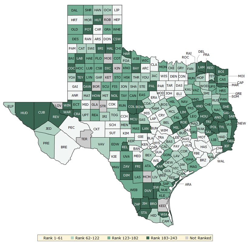 This state map of Texas counties shows how counties fared in health outcomes. Counties in...