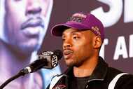 Errol Spence Jr., speaks during a press conference ahead of his fight this weekend against...