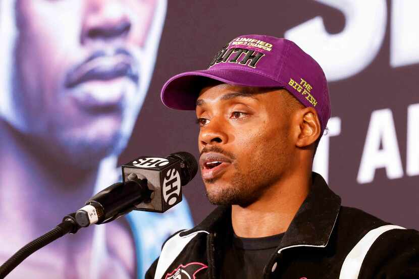 Errol Spence Jr., speaks during a press conference ahead of his fight this weekend against...