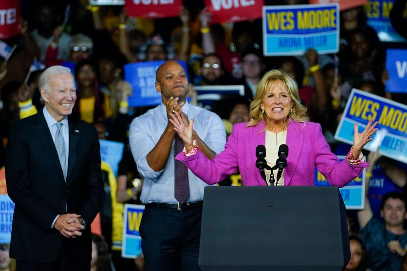 First lady Jill Biden speaks as President Joe Biden and Maryland Democratic gubernatorial...