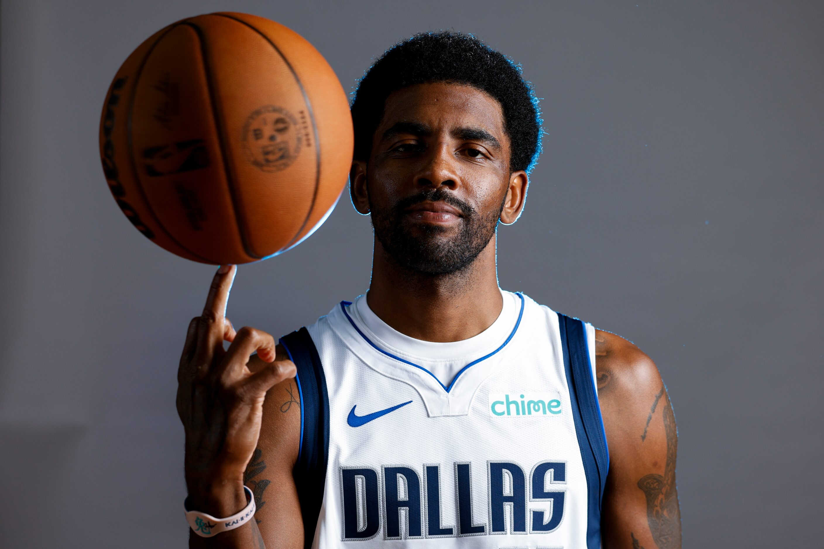 Dallas Mavericks’ Kyrie Irving poses for a photo during the media day on Friday, Sept. 29,...