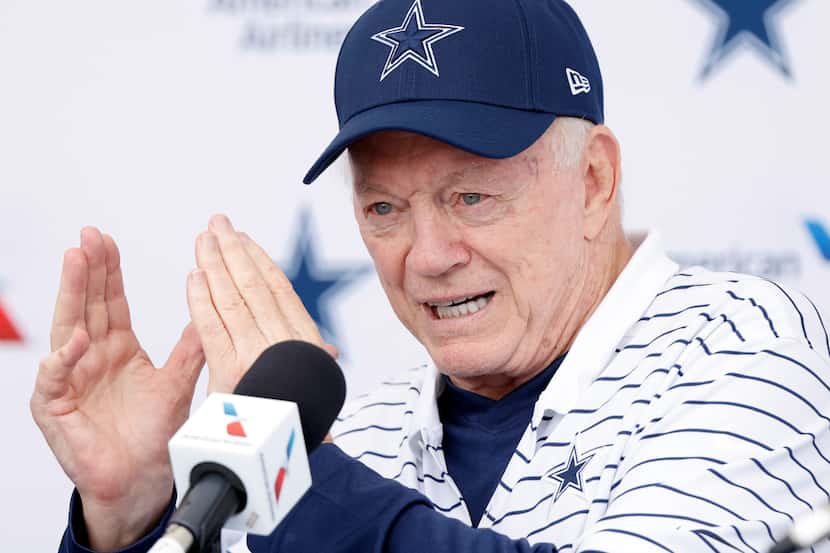 Dallas Cowboys owner Jerry Jones delivers his message to the media during the teams kickoff...