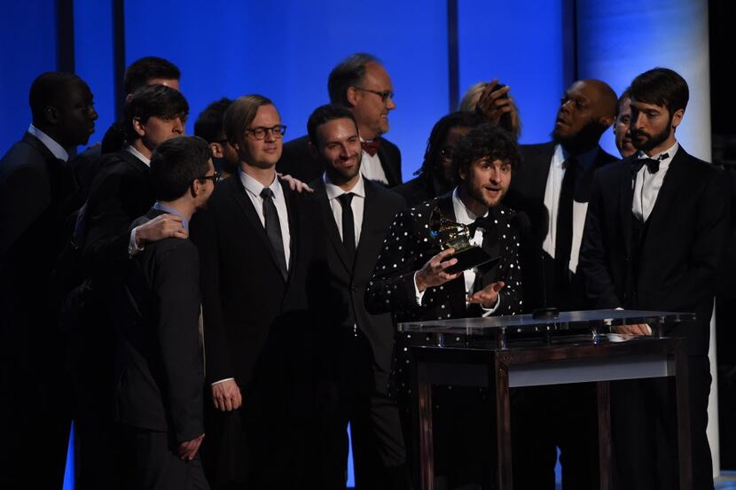 Members from  Snarky Puppy recieve the award for the Best Contemporary Instrumental Album,...