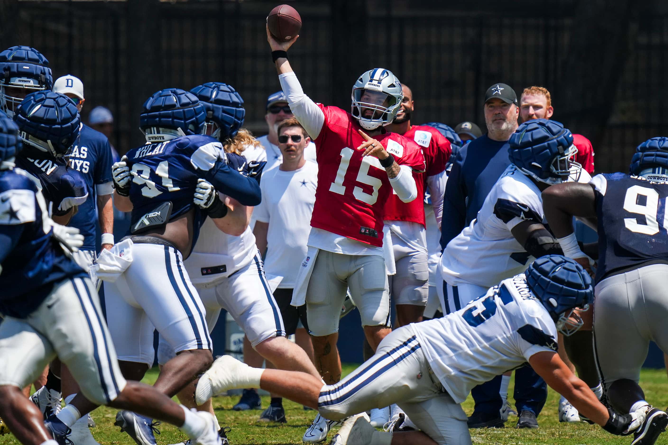 Dallas Cowboys quarterback Will Grier (15) throws a pass during a training camp practice on...