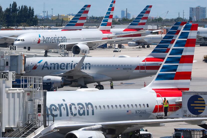 In this Wednesday, April 24, 2019, photo, American Airlines aircraft are shown parked at...