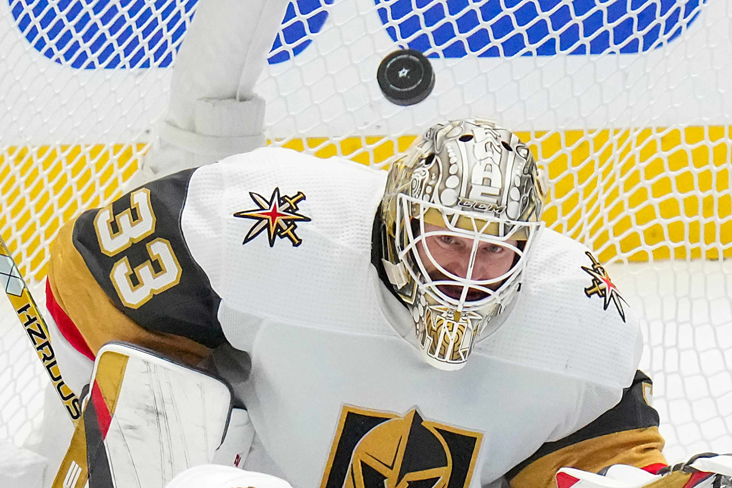 Vegas Golden Knights goaltender Adin Hill (33) makes a save during the first period in Game...