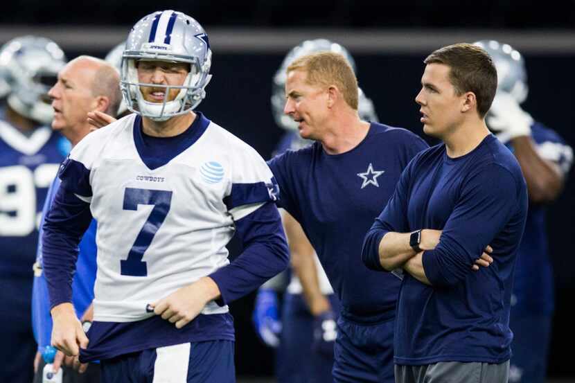 Dallas Cowboys quarterback Cooper Rush (7) gets a pat on the back from head coach Jason...