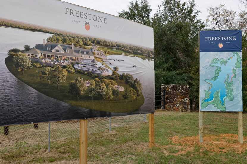 Signs for the Freestone Lake and Golf stand at the gate of the former Fairfield Lake State...