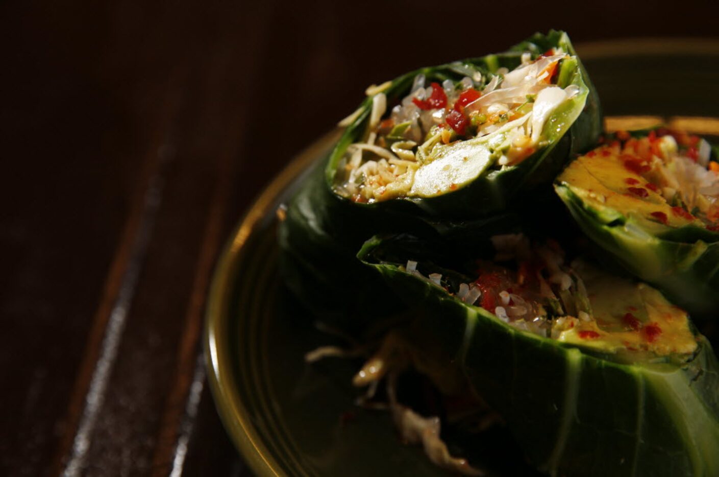 Mudhen's collard spring rolls with carrots, avocado, cabbage and kelp noodles with...