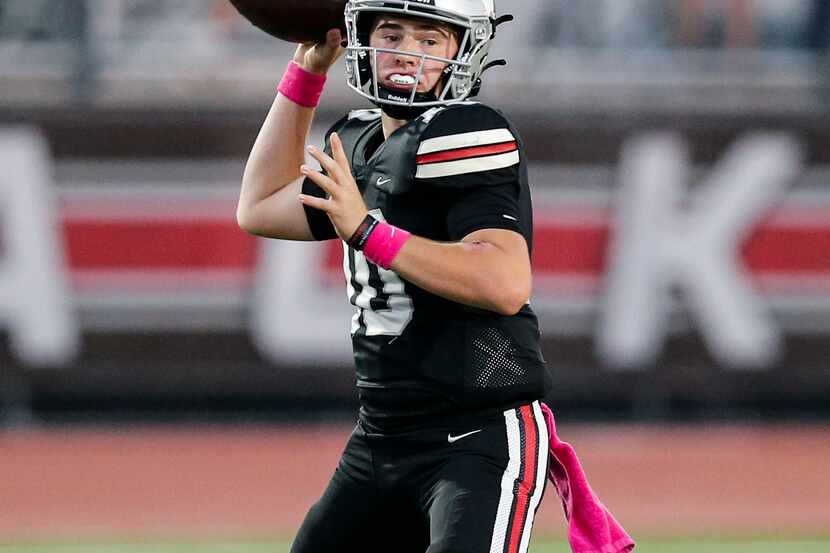 Lovejoy sophomore quarterback Alexander Franklin (10) throws during the first half of a high...