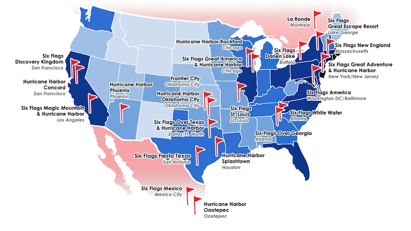 Six Flags' footprint in the U.S., Canada and Mexico.