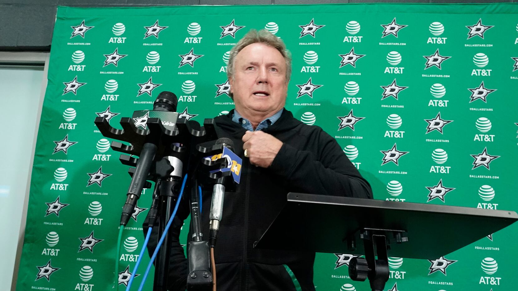 Dallas Stars head coach Rick Bowness speaks to reporters about the NHL hockey season during...
