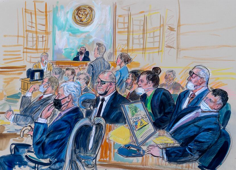 FILE - This artist sketch depicts the trial of Oath Keepers leader Stewart Rhodes and four...