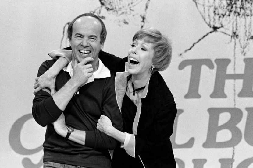In this March 19, 1978 black-and-white photo, Carol Burnett shared a laugh with Tim Conway...