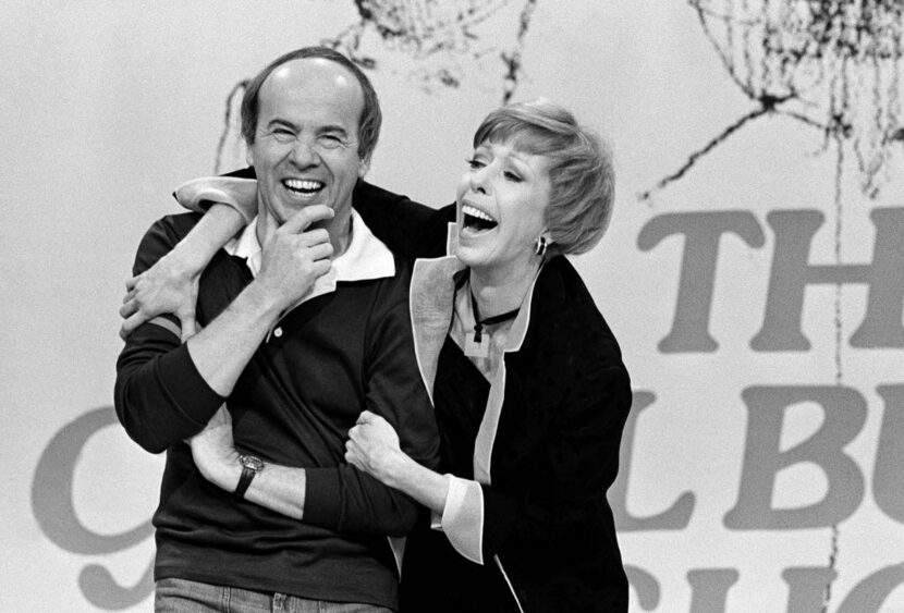 In this March 19, 1978 black-and-white photo, Carol Burnett shared a laugh with Tim Conway...