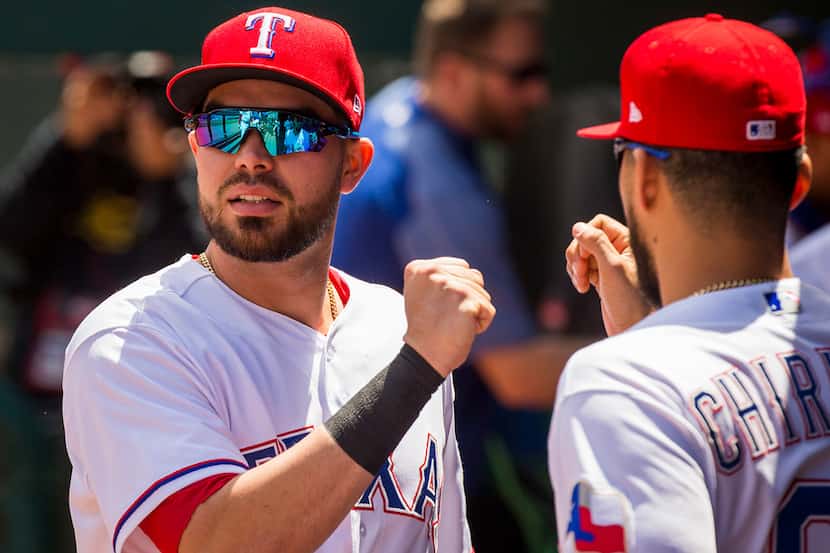 Texas Rangers left fielder Renato Nunez prepares to take the field before a game against the...