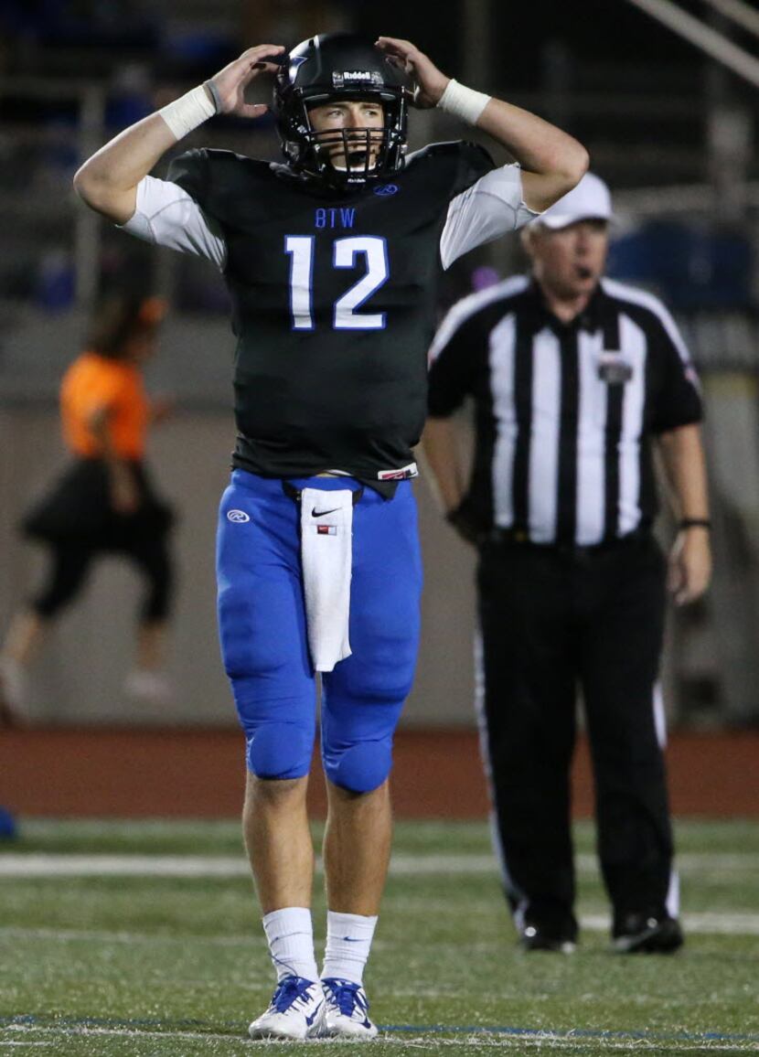 Hebron quarterback Clayton Tune (12) reacts to a play in the second half during a high...