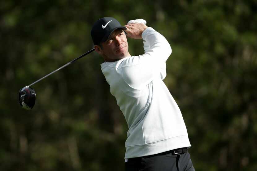 PEBBLE BEACH, CALIFORNIA - FEBRUARY 09: Paul Casey of England plays his shot from the ninth...