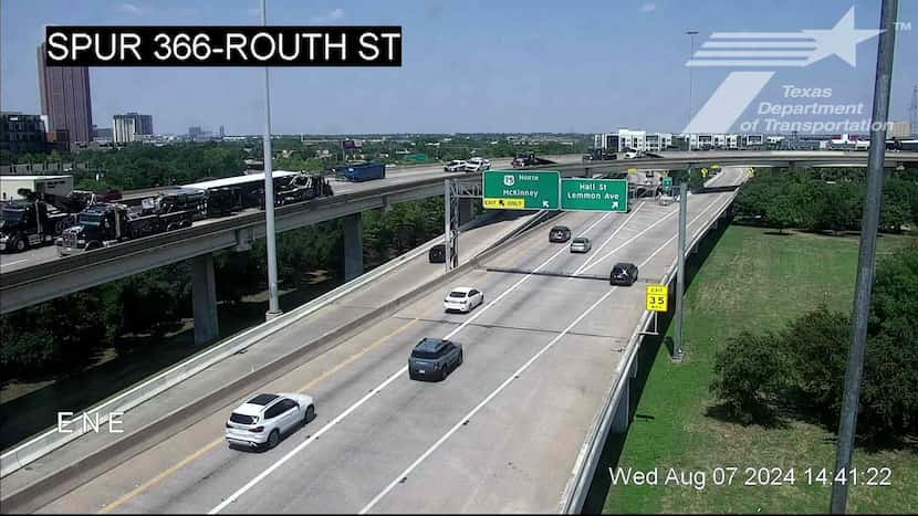 The I-345 connector to Woodall Rodgers Freeway, pictured in the top left corner, closed for...