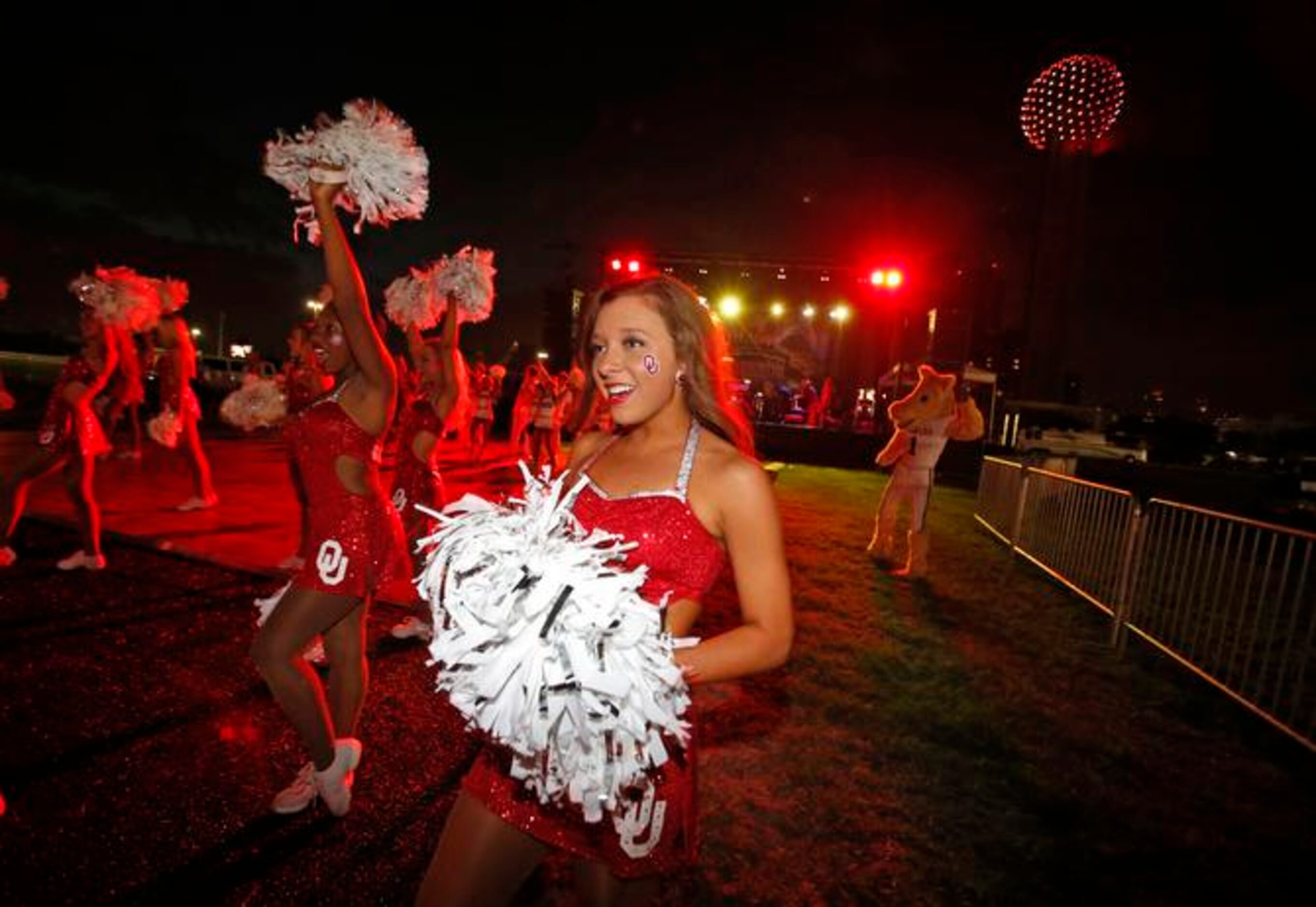 
The Oklahoma University Pom Squad tries to rev up the crowd as part of the "Celebrate...