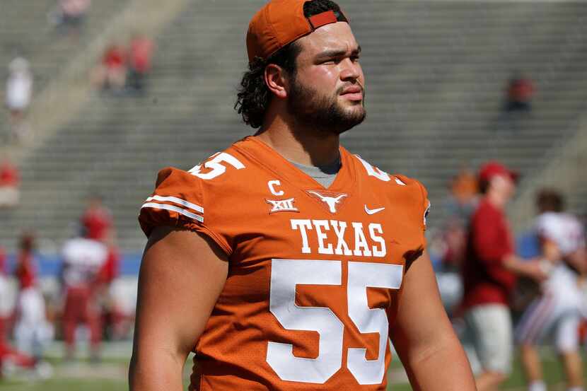 Injured Texas Longhorns offensive lineman Connor Williams (55) is pictured before the...