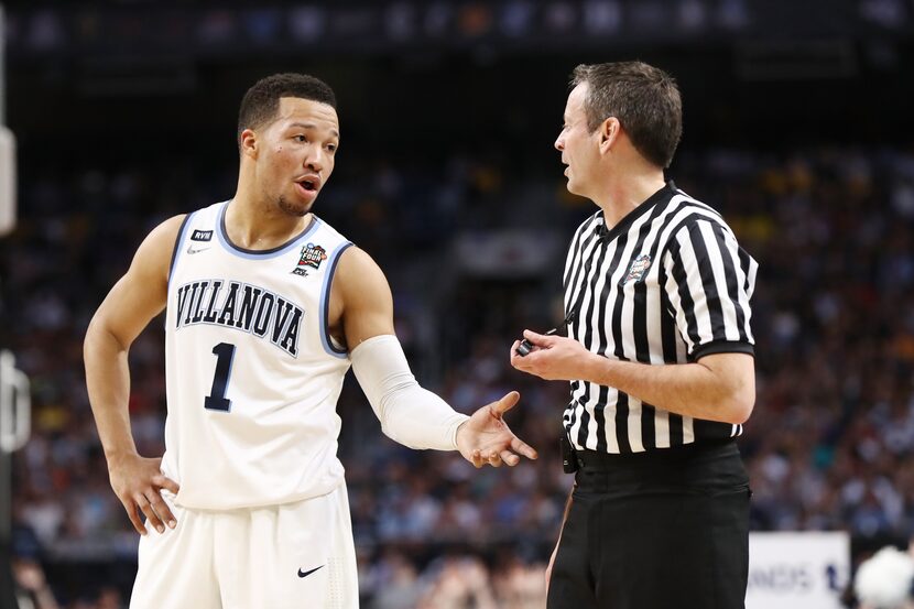 SAN ANTONIO, TX - APRIL 02: Jalen Brunson #1 of the Villanova Wildcats speaks to the referee...