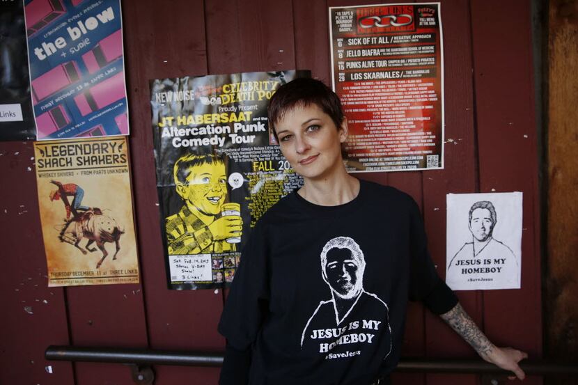 Stephanie Johnson wears her #SaveJesus shirt in the Deep Ellum neighborhood of Dallas in...