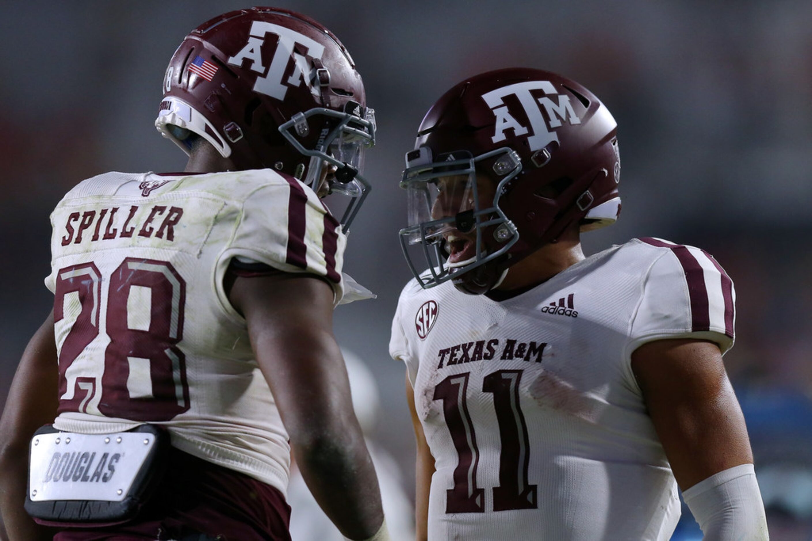 OXFORD, MISSISSIPPI - OCTOBER 19: Isaiah Spiller #28 of the Texas A&M Aggies celebrates a...