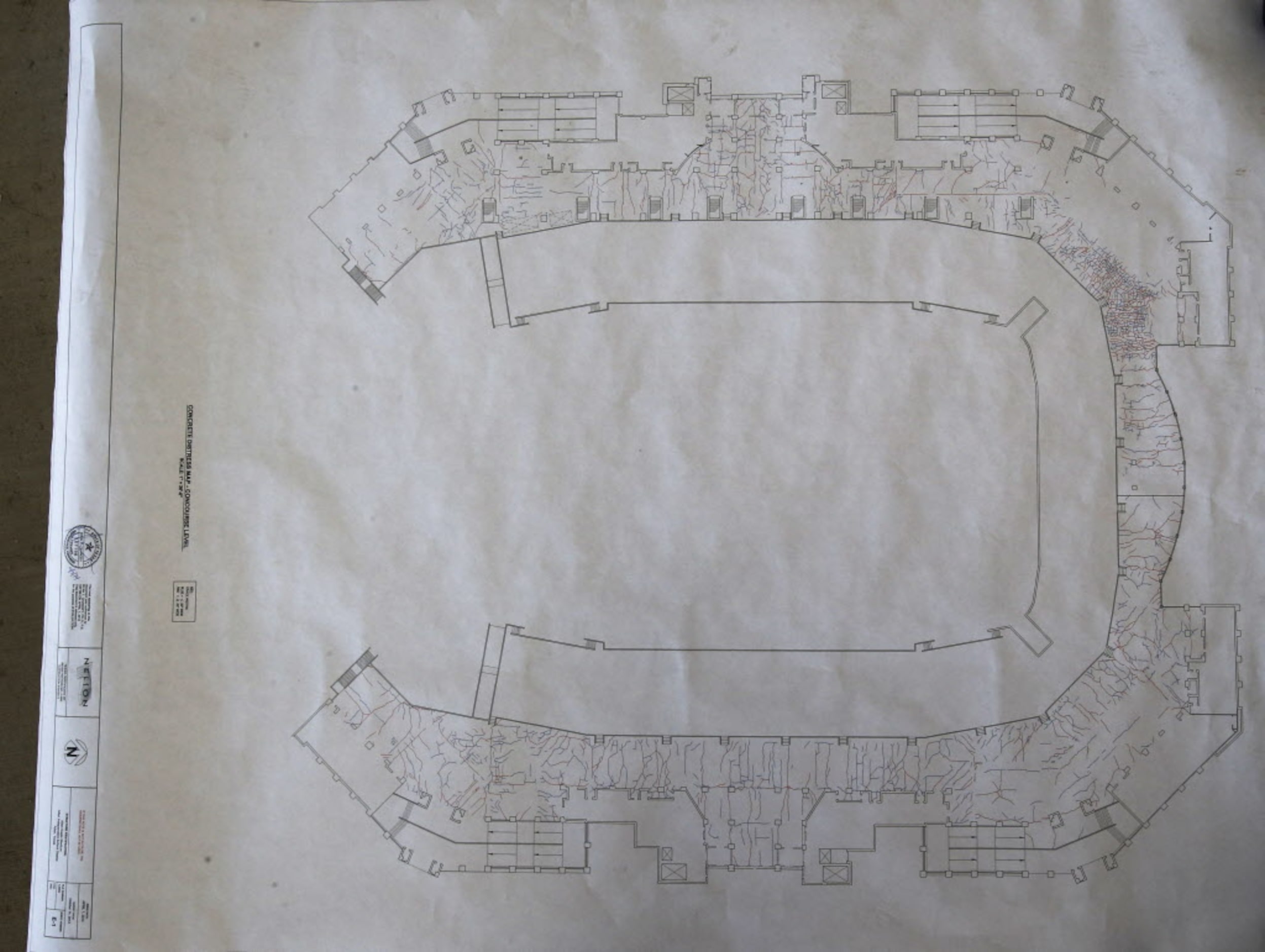 Blueprint of the visible cracks at Eagle Stadium in Allen, Texas on May 19, 2014.