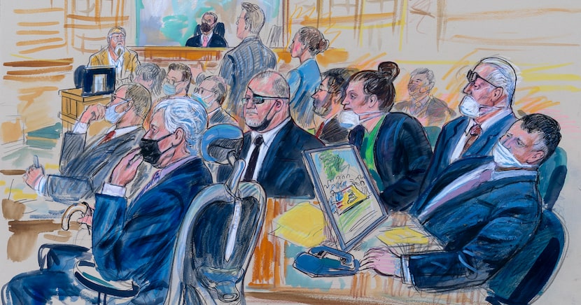 This artist sketch depicts the trial of Oath Keepers leader Stewart Rhodes and four others...