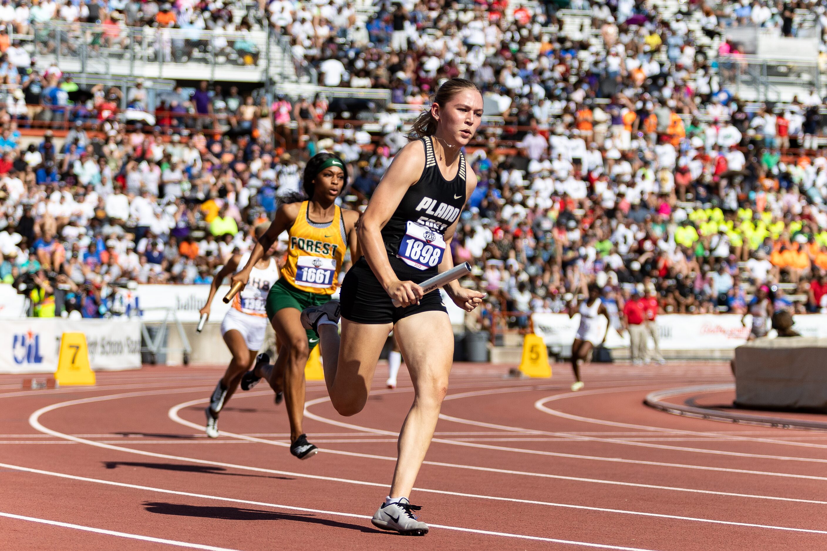 Kaylee Moody leads off Plano East’s girls' 4x100-meter relay at the UIL Track & Field State...