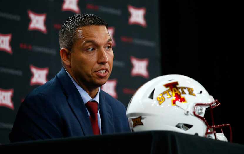 Iowa State head football coach Matt Campbell speaks during a press conference at the Big 12...