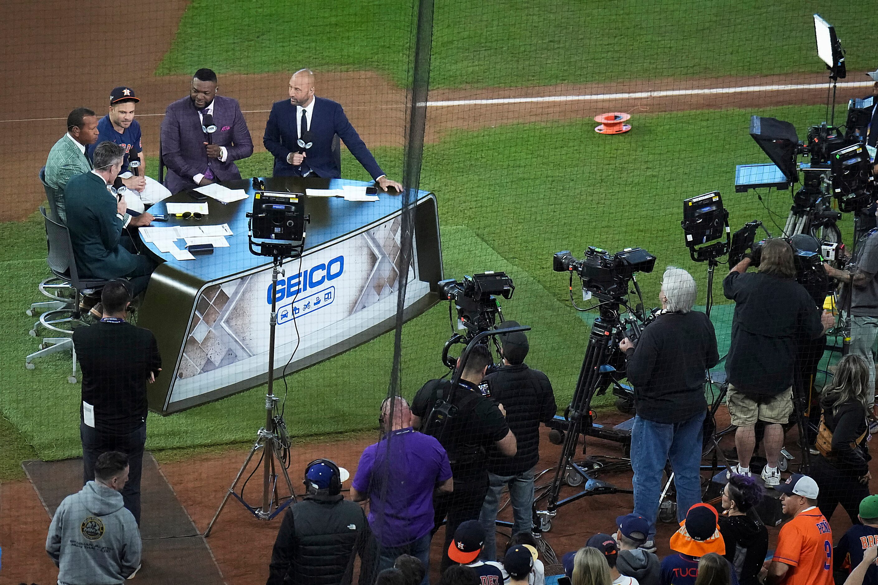 Houston Astros second baseman Jose Altuve is interviewed on the pregame show before Game 2...