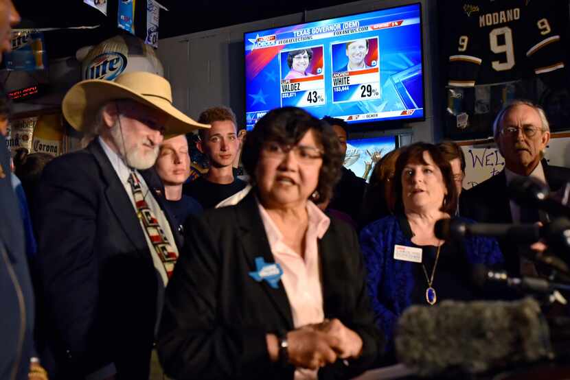 Lupe Valdez spoke as March 6 primary election results were displayed during a watch party...