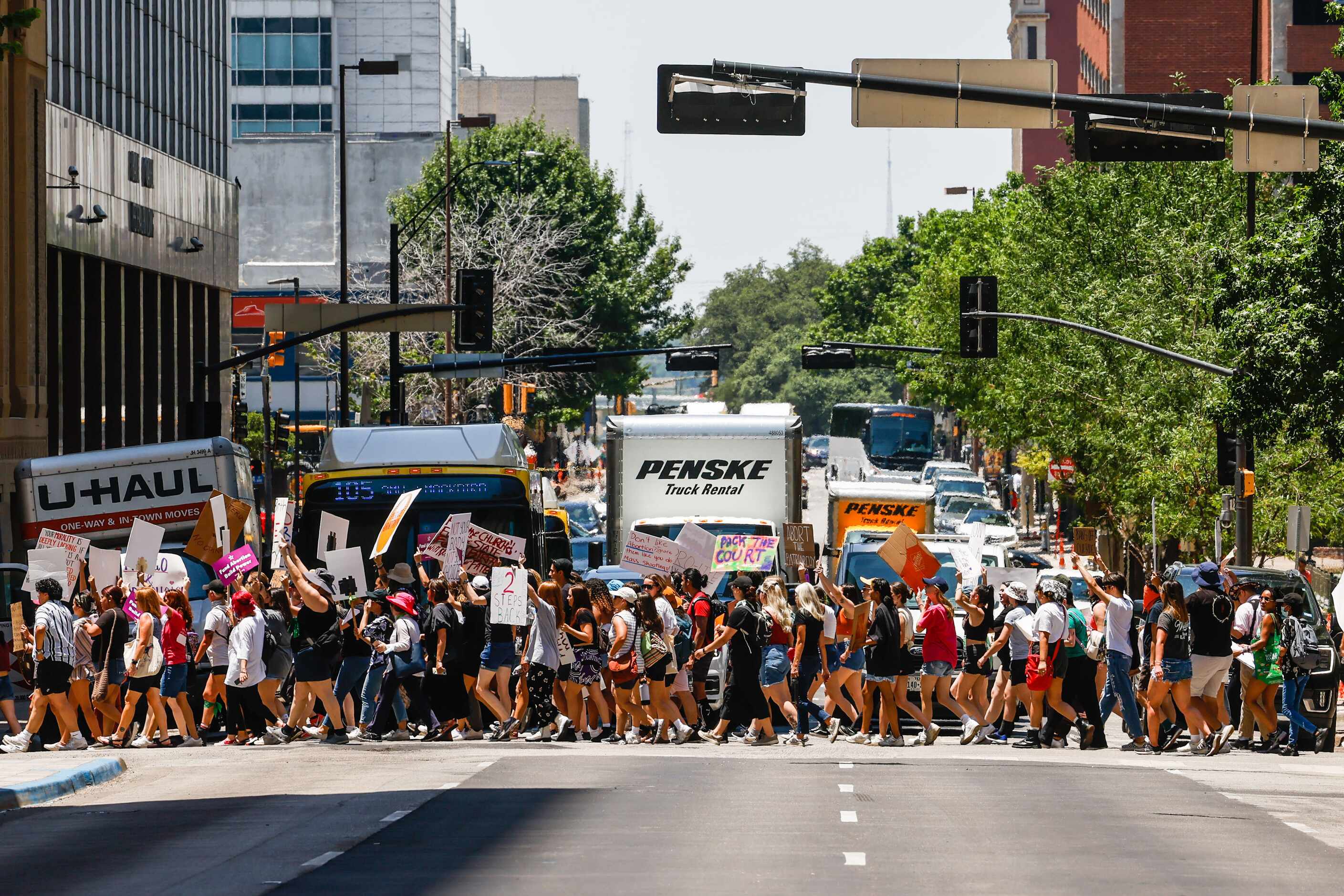 Abortion rights supporters march in downtown Dallas on Wednesday, June 29, 2022.