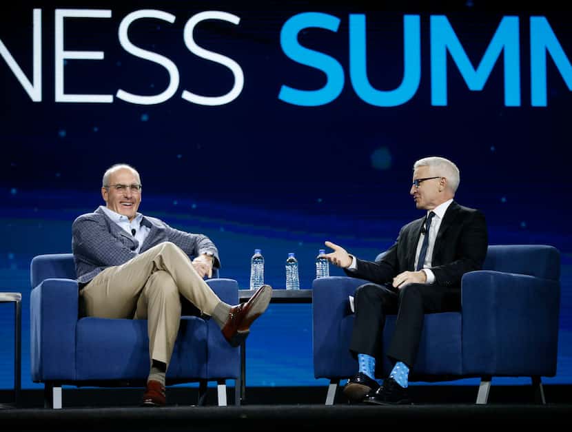 AT&T CEO John Stankey talks on stage wth CNN anchor Anderson Cooper during an AT&T Business...