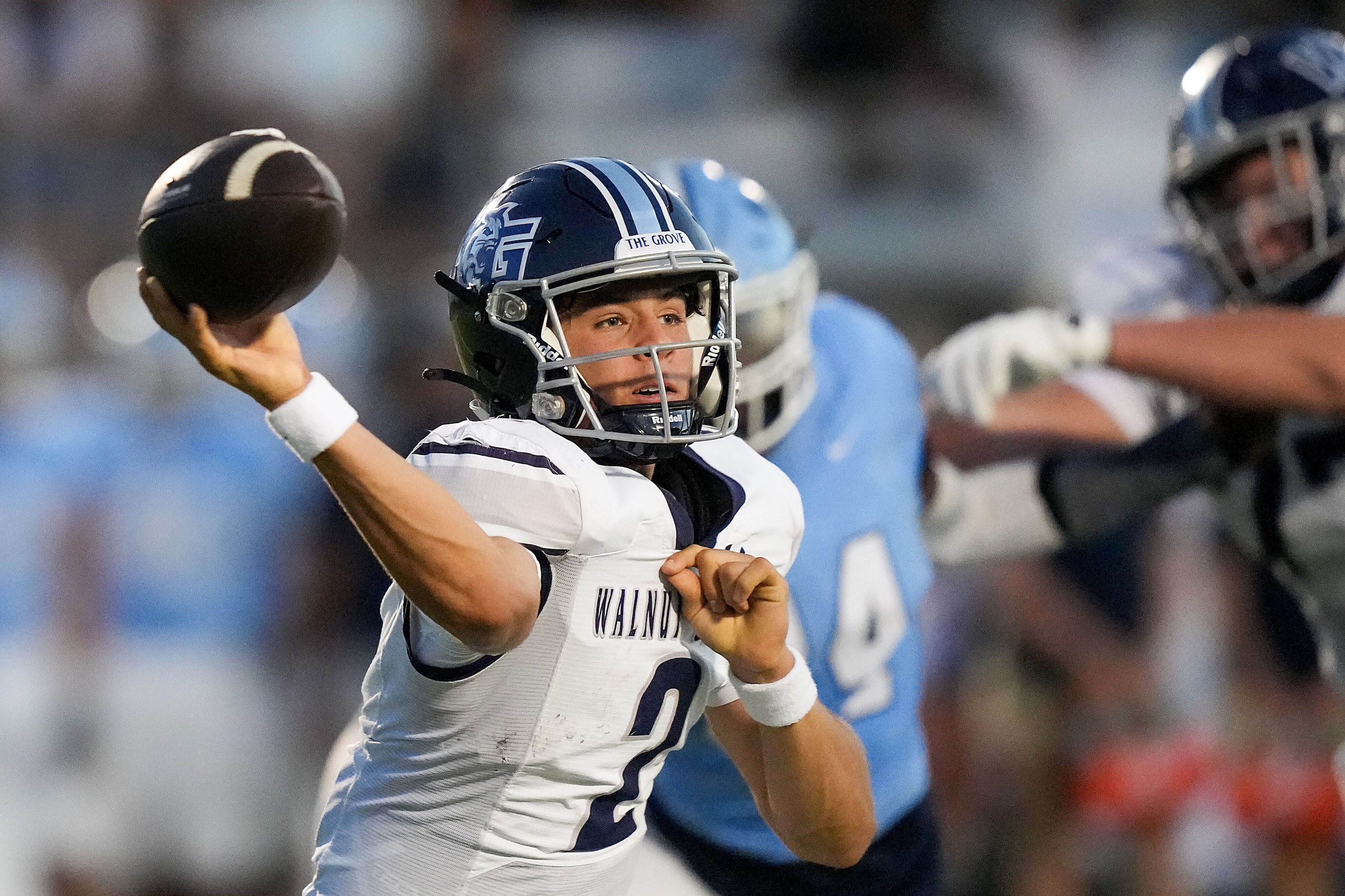 Prosper Walnut Grove quarterback Hayes Hackney (2) throws a pass during the first half of a...