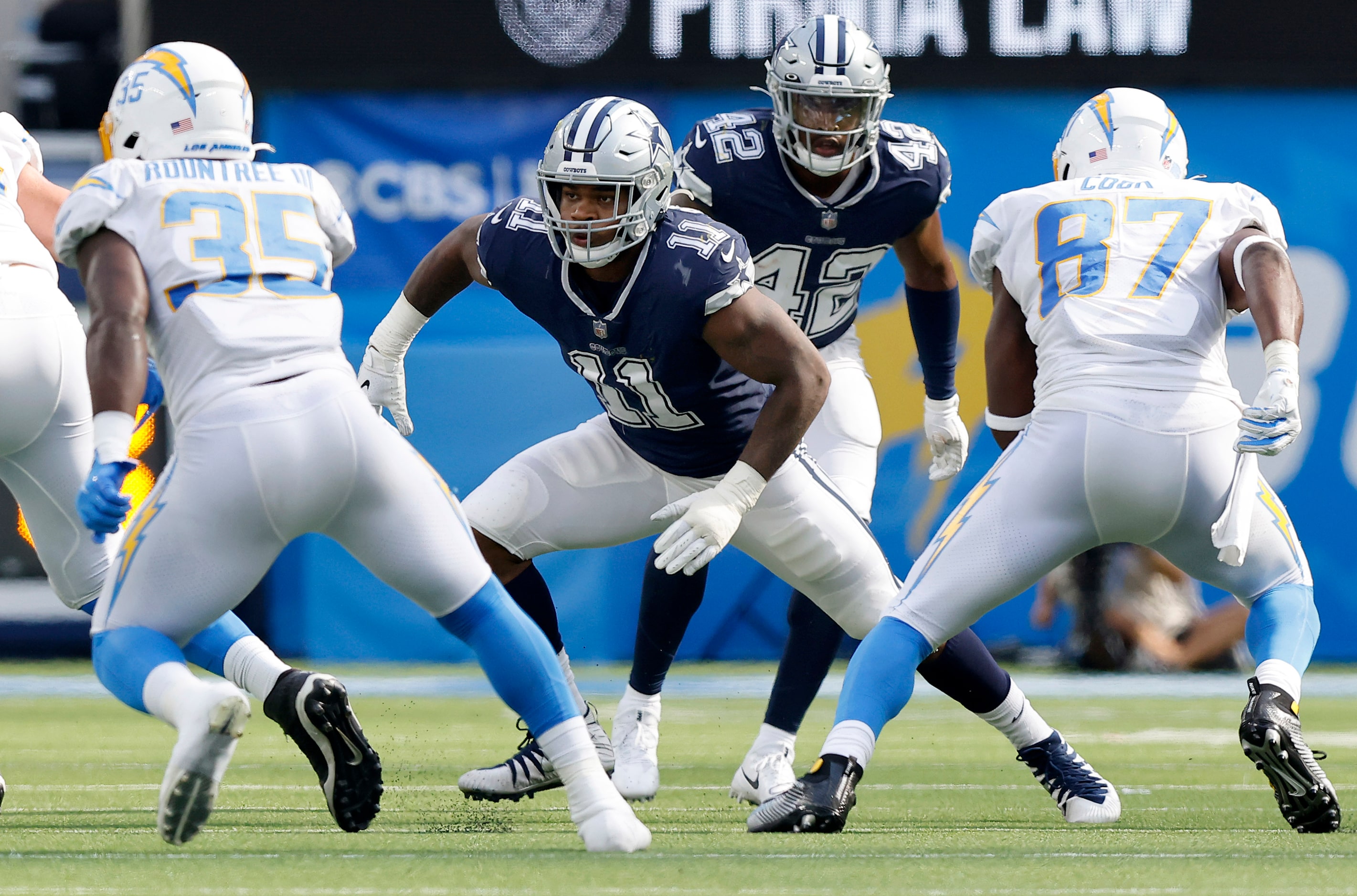 Dallas Cowboys linebacker Micah Parsons (11) plays the end during a fourth quarter play...