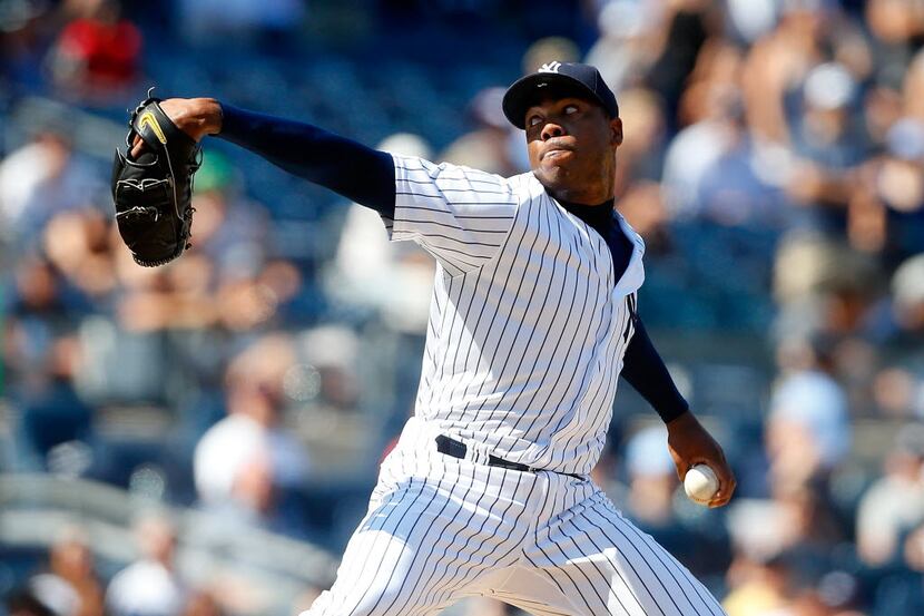 NEW YORK, NY - JUNE 25:  Aroldis Chapman #54 of the New York Yankees pitches in the ninth...