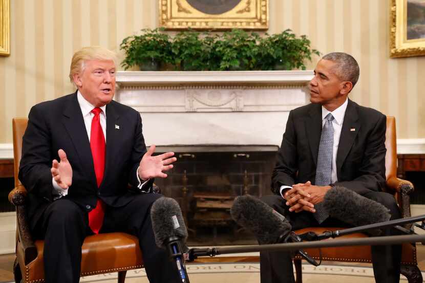 President Barack Obama meets with President-elect Donald Trump in the Oval Office of the...