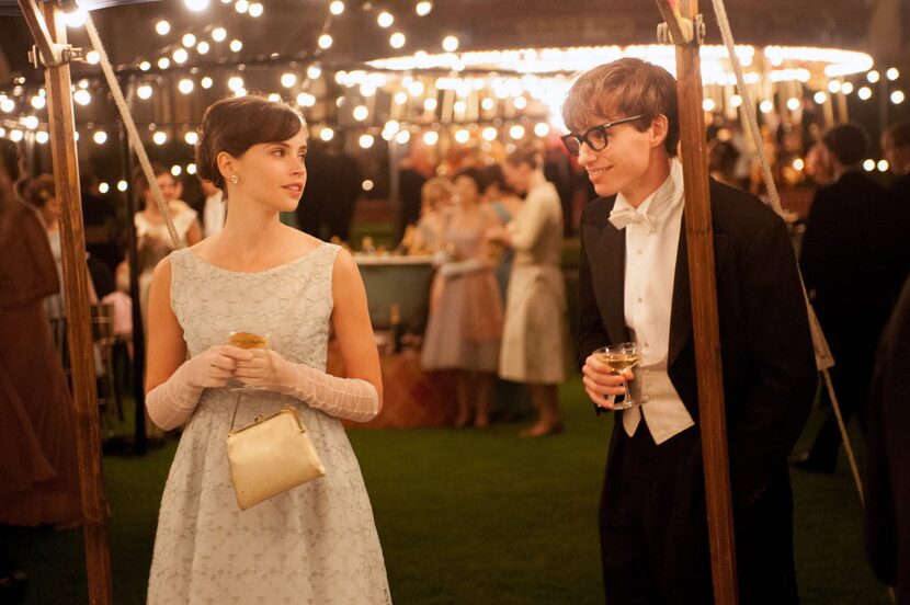 Felicity Jones, left, stars as Jane Wilde and Eddie Redmayne stars as Stephen Hawking in...