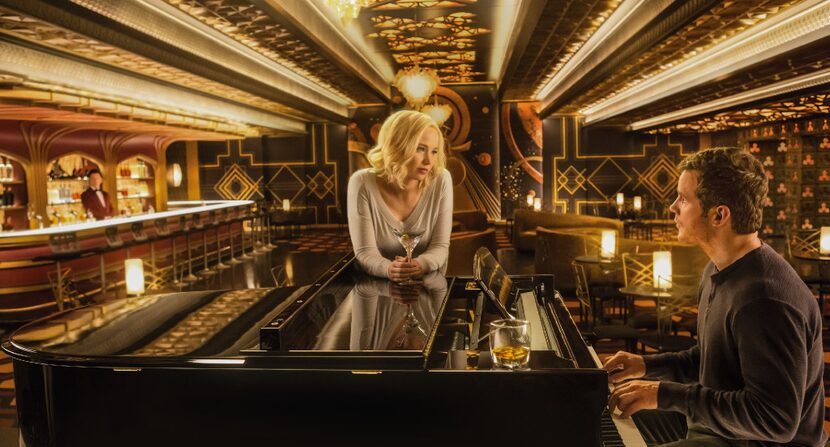 Jennifer Lawrence, center, Chris Pratt, right, and Michael Sheen, left, in "Passengers."