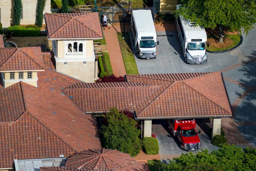 An aerial view of a Dallas Fire-Rescue ambulance at the Edgemere senior living facility on...