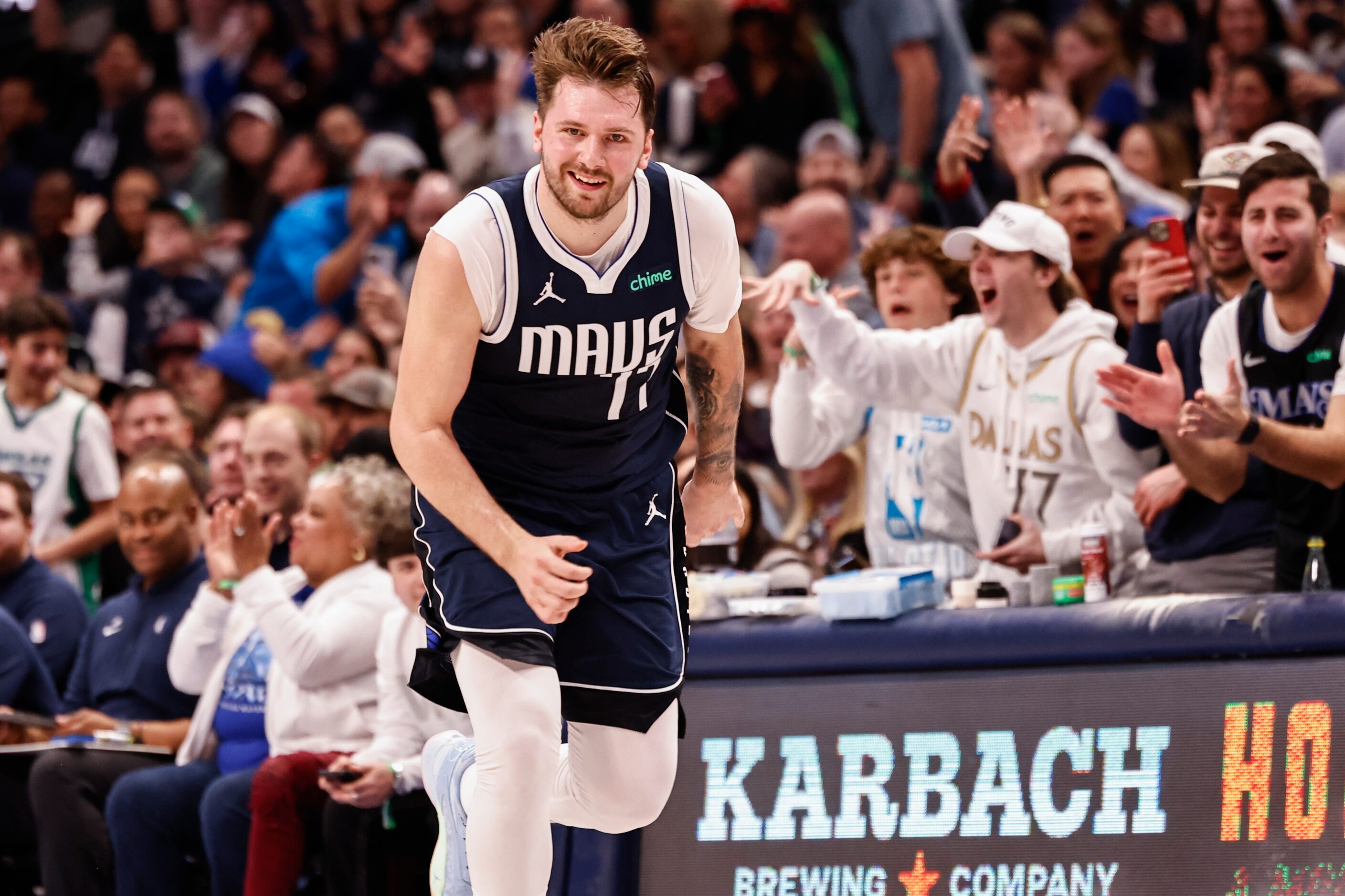 Dallas Mavericks guard Luka Dončić (77) reacts after a made basket against the Oklahoma City...