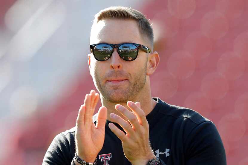 FILE- In this Oct. 27, 2018, file photo, Texas Tech head coach Kliff Kingsbury stands on the...